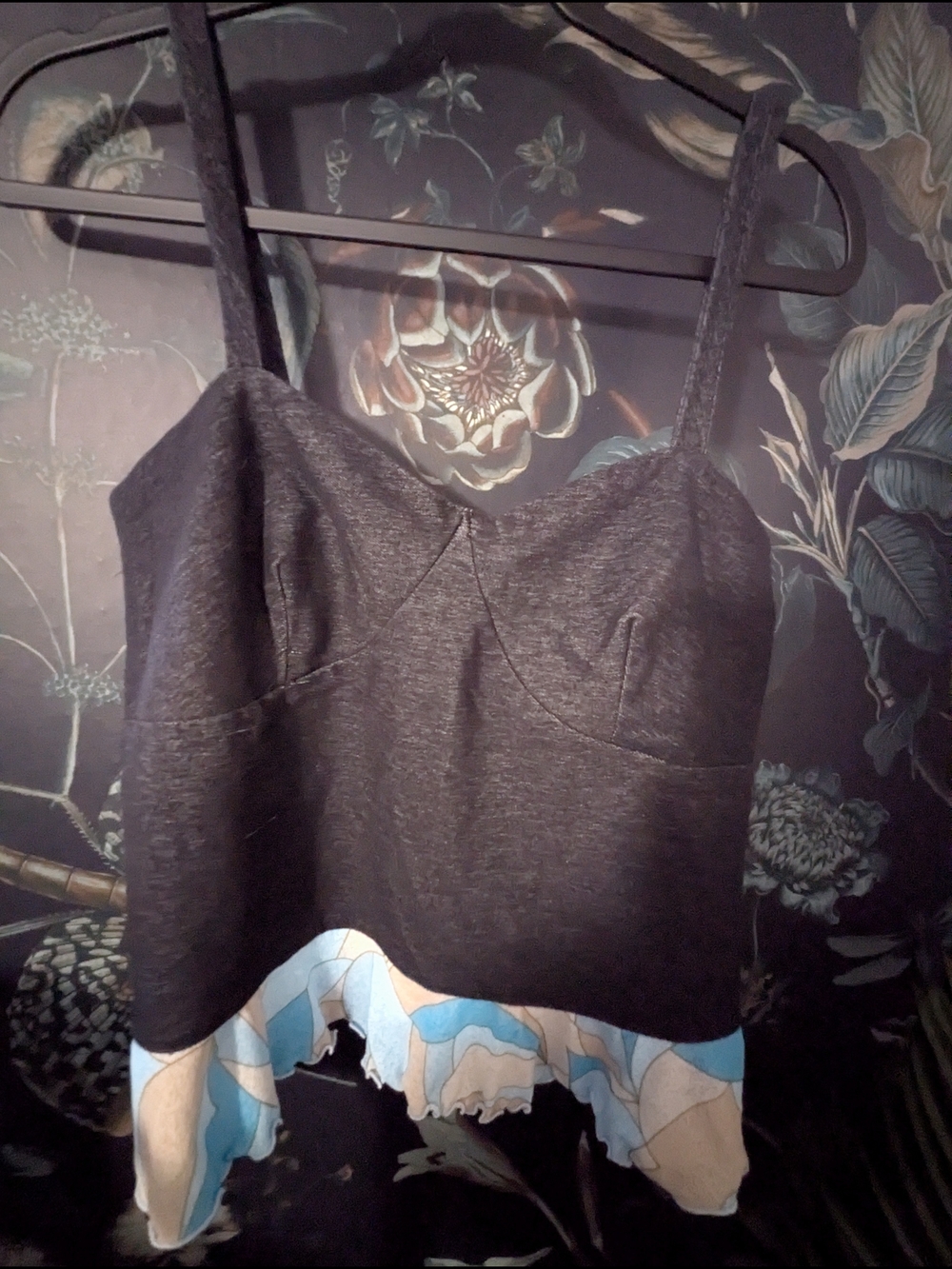 Women's Black Strappy Peplum Camisole with Blue & Cream Hem